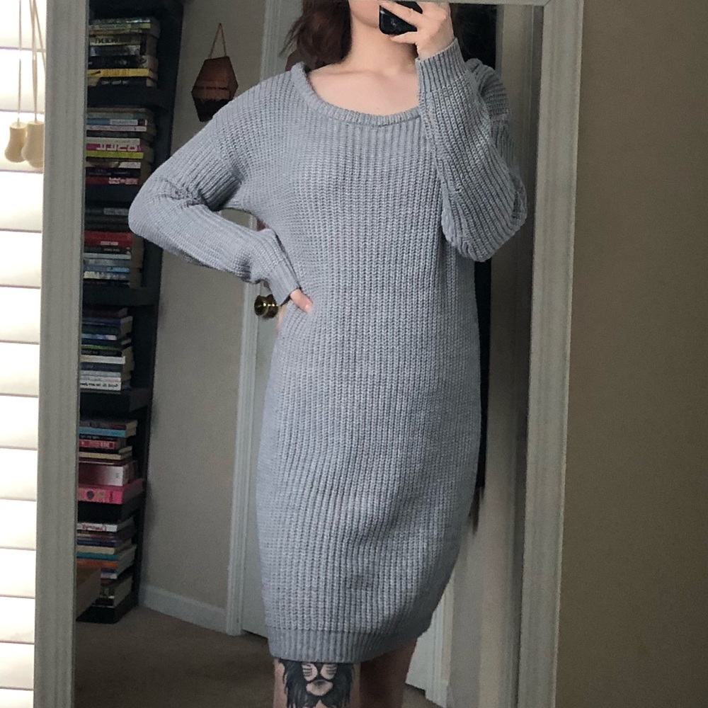 Grey Off Shoulder Knitted Jumper Dress